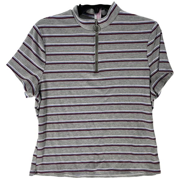 No Boundaries Top Women Plus 3X Gray Striped Zip Up Short Sleeves 90s Y2K Preppy - Picture 1 of 5
